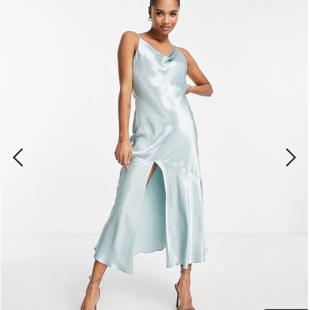 Asos Topshop 0 Petite bridesmaid tie back satin slip dress in blue